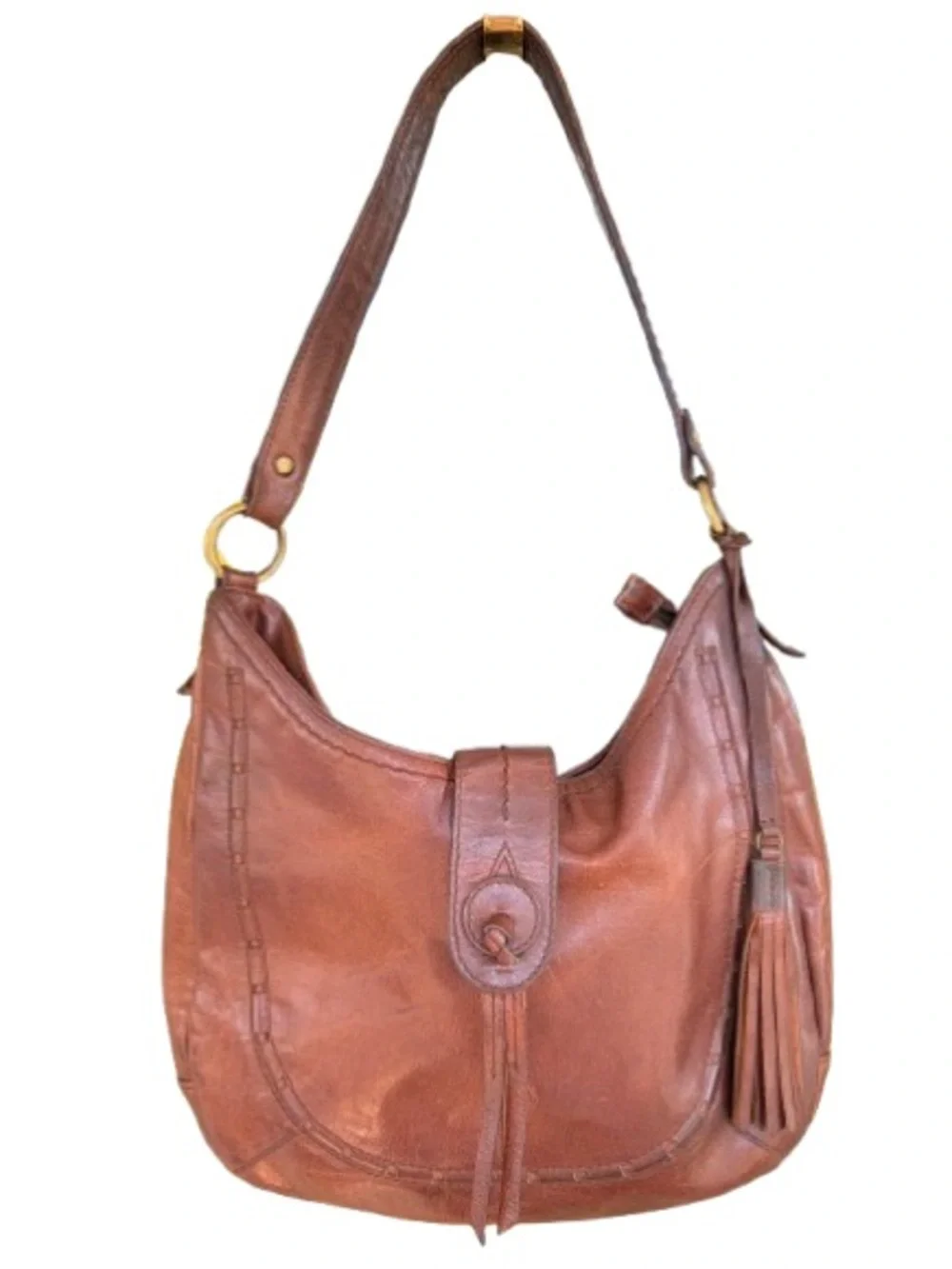 Diba True Women’s Brown Leather Hobo Shoulder Bag Tassel Accent Zip Closure Boho